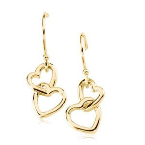 Two Heart Earrings, 14k Yellow Gold
